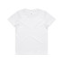A white kids' t-shirt featuring a round neck and short sleeves, with a logo on the label.
