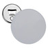 A silver bottle opener with a round white badge design on the front, featuring a seamless back for attachment.