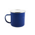 A blue enamel mug with a silver rim and a handle, suitable for various beverages.