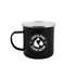 A black enamel mug with a metal rim and a logo featuring camp gear. Ideal for outdoor use.
