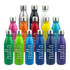 A drink bottle collection featuring various colours, including pink, green, blue, yellow, and white, with a logo on each.