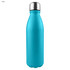 A drink bottle in teal with a shiny aluminium finish and a metallic cap. It features a logo.