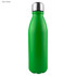 A drink bottle in dark green colour with a shiny silver cap and a logo on the surface.