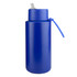 A drink bottle in a vibrant blue colour with a straw and a carrying loop. It features a simple design and a logo.