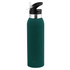 A drink bottle in dark green with a silver band and black lid, featuring a spout for easy dispensing.