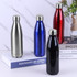 A drink bottle collection featuring silver, blue, red, and black stainless steel designs, each with a capped top.