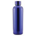 A drink bottle in a glossy deep blue colour, featuring a sleek design and a lid. The bottle has a logo on it.