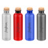 A drink bottle collection featuring transparent, red, blue, and grey options with cork lids and branding.
