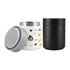 A white food container with playful designs and a grey lid, alongside a sleek black food container. Both have branding.