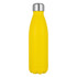 A drink bottle in bright yellow with a stainless steel lid. Features a smooth surface and a curved shape.