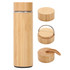 A drink bottle in a bamboo design with a wooden cap and a removable handle. Features a sleek, cylindrical shape.
