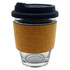A glass coffee cup featuring a cork sleeve and a black lid, designed for reusable use.