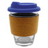 A reusable coffee cup with a clear glass body, cork sleeve, and blue silicone lid. It features a logo.