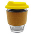 A glass coffee cup with a cork sleeve and a bright yellow lid. It features a logo on the side.