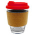 A glass coffee cup with a cork sleeve and a red lid. The cup is designed for reusable drinkware.