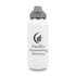 A drink bottle in white stainless steel with a grey lid, featuring a logo on the front.