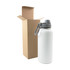 A drink bottle in white with a grey lid, alongside a brown cardboard box. The bottle has a logo.