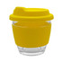 A reusable coffee cup featuring a clear glass body and a bright yellow silicone lid and sleeve. Includes a logo.