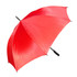 A red golf umbrella featuring a sturdy handle and a logo. It opens wide for ample coverage.