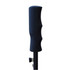 A black umbrella handle with a textured grip, featuring a metal shaft connection.