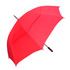 A bright red umbrella with a curved handle and a sturdy frame, featuring a simple design.