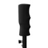 A close-up of a black handle on a pole, featuring a textured grip and a clip mechanism.