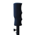 A black handle of an umbrella with a textured grip, attached to a silver pole. Includes a mechanism for adjustment.