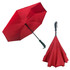 A red inverted umbrella with a black handle, featuring a unique shape and design. It has a logo on the handle.