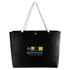 A black felt tote bag with white rope handles and a logo on the front.