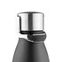 A drink bottle with a sleek black body and a stainless steel lid featuring a locking mechanism.