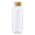 A clear drink bottle with a bamboo lid, featuring a sleek design and a minimalist look.
