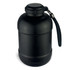 A drink bottle in matte black with a secure lid and a carrying handle, featuring a logo.