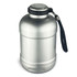 A drink bottle in silver stainless steel, featuring a black cap and a handle for easy transport.