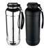 A drink bottle set featuring a shiny silver and a matte black vacuum drink bottle, both with a strap and lid.