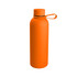 An orange drink bottle with a screw-top lid and a carry strap, featuring a logo.