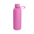 A drink bottle in bright pink, featuring a removable lid and a matching handle. It has a logo on the side.
