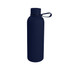 A drink bottle in navy blue with a lid and a carrying loop, featuring a logo. Suitable for beverages.