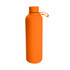 A drink bottle in bright orange, featuring a secure lid and a handle for easy carrying. It has a logo on the side.