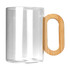 A glass coffee cup with a clear body and a bamboo handle, showcasing a modern design.