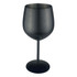 A stainless steel wine glass in matte black, featuring a sturdy base and a sleek design. It has a logo.