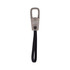 A grey carabiner with a black strap, featuring a logo on the handle. Suitable for attaching items.