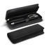 A black zippered case containing a sleek black pen. The case is open, showcasing the pen inside.