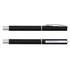 A rollerball pen in black with silver accents, featuring a smooth design and a clip for easy attachment.