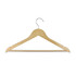 A wooden hanger in a natural finish with a metallic hook and a horizontal crossbar for additional support.