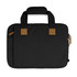 A sleek black laptop bag with tan accents, featuring a zip closure and dual handles. Includes a logo on the exterior.