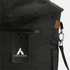 A black messenger bag featuring a zip pocket, a branded tag, and a detachable strap.