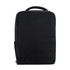 A black travel backpack with a sleek design, featuring a handle and a branding logo on one corner.