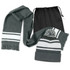 A grey scarf with white stripes and a matching beanie with a pom pom, packaged with a drawstring bag.