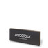 A branded plaque in black featuring a logo, displaying a sleek and minimalist design.