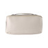 A cream toiletry bag featuring a zip closure and a top handle, designed for easy carrying. It includes a logo.